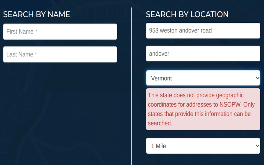 Vermont sex offender registry search form requiring first name, last name, location, and desired radius of search.