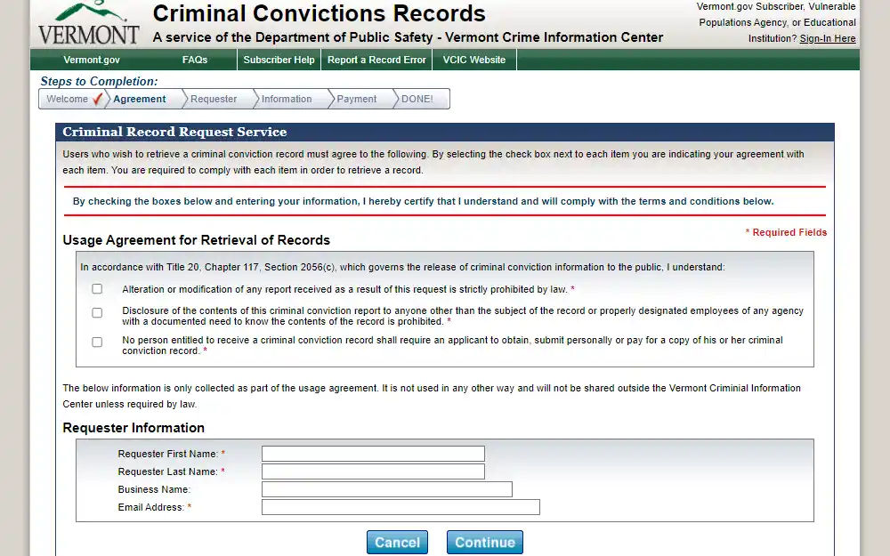 A snapshot from the Department of Public Safety's Vermont Crime Information Center demonstrates the field that must be filled out to request a criminal record; this field asks for the requester's full name, business name, and email address; the state logo is visible in the top left corner.