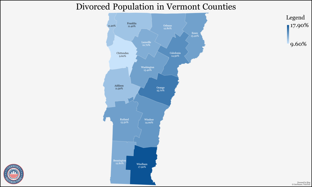 An outline of the map of Vermont with its Counties showing the divorce population rates (5-year estimates in 2021) of each County base on the Census Bureau that ranges from 9.60%-17.90%.