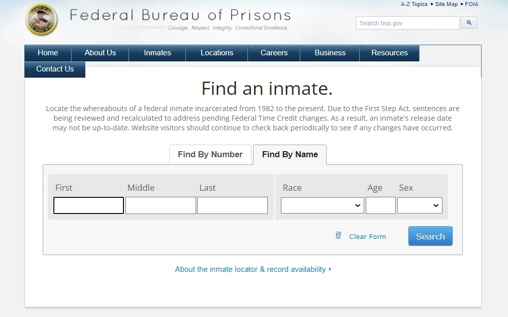 A screenshot from the Bureau of Prisons inmate locator shows the available option: Find by Number or Find by Name; the searcher must input the offender's full name, race, age, and sex to search by name; the Bureau's logo is at the top left corner.