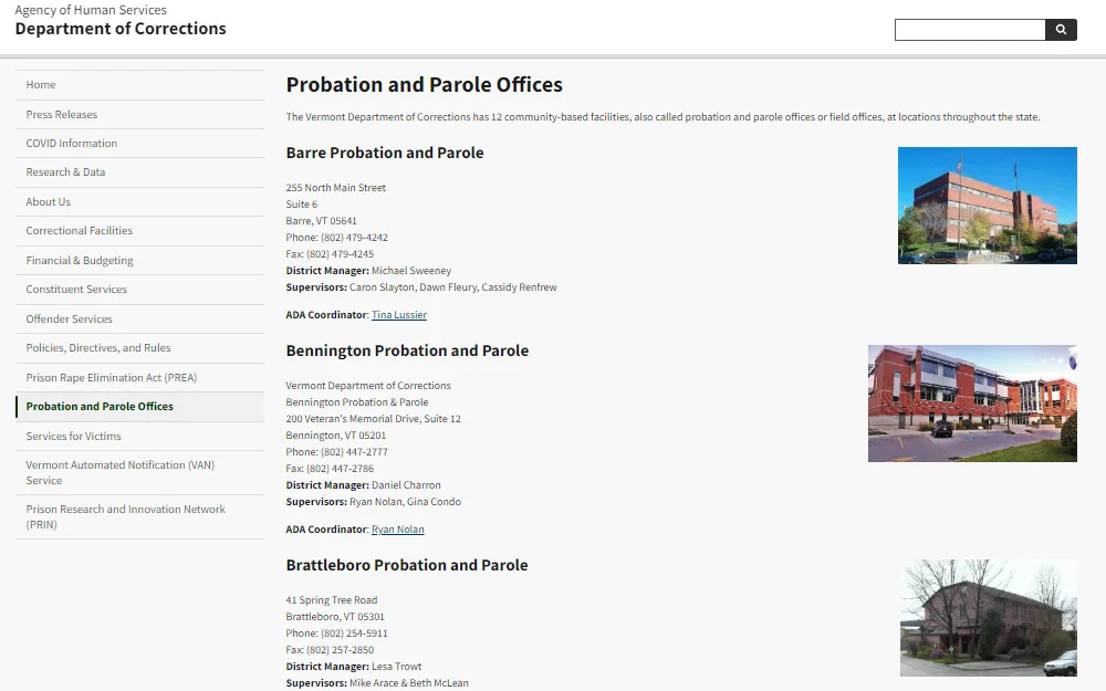 A screenshot from the Department of Corrections page displays the list of Probation and Parole Offices in Vermont, including Barre, Bennington, and Brattleboro Probation and Parole Offices, with their phone number and address.