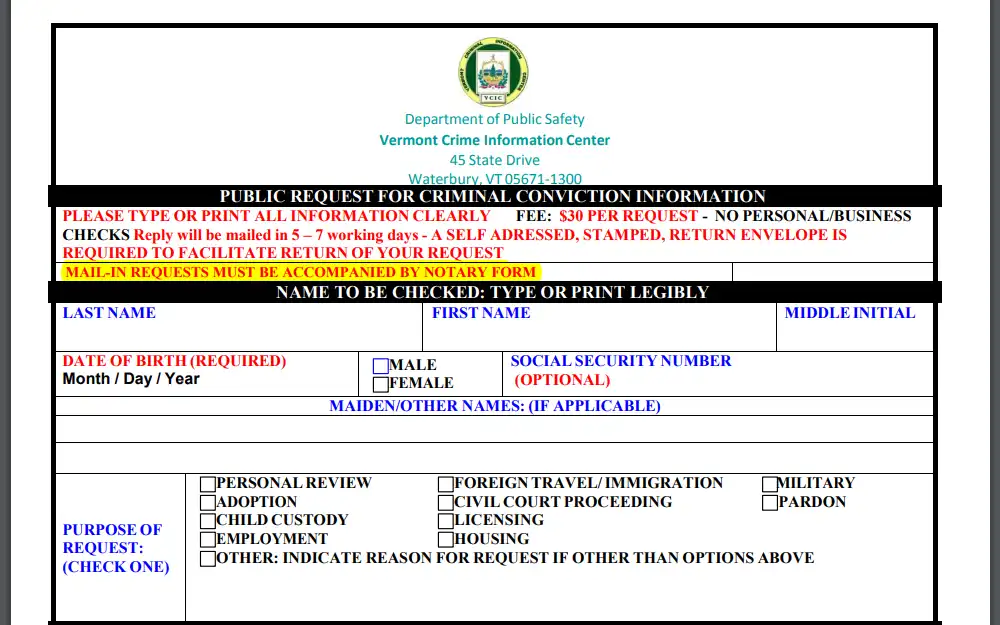 A screenshot of the public request for criminal conviction information form, with its required field such as the subject's full name, date of birth, sex, Social Security no. (optional), maiden/other name (if applicable) and the purpose of the request.