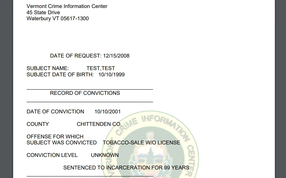 A screenshot of a criminal record from the Vermont Crime Information Center displaying the time, the name of the offender, their birthday, the conviction date, and the offense details with the Information Center logo.