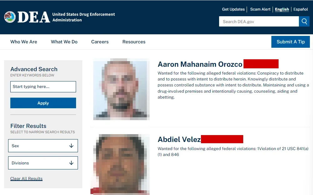 A screenshot from the (DEA) United States Drug Enforcement Administration shows the list of fugitive individuals with their full names and mugshot, including the offense details.
