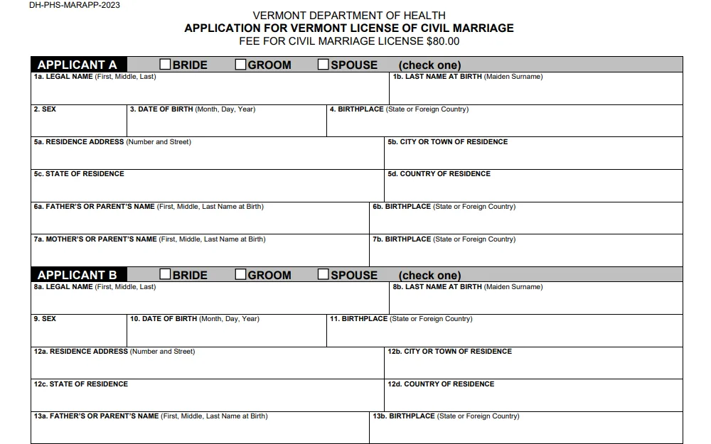 A screenshot of an application for a civil marriage license from the state's Department of Health which requires the requester to complete all fields before they can obtain the license.