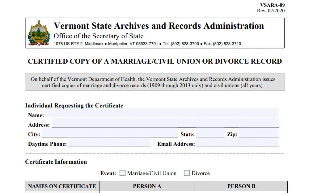 A screenshot of the 'Certified Copy of Marriage/Civil Union or Divorce Record Form' requires users to input the requestor's information, such as name, address, and contact info and select the type of record requested to the Vermont States Archives & Records Administration.