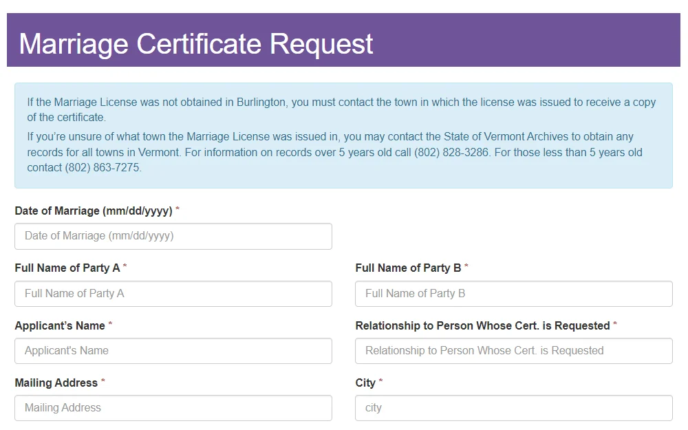 A screenshot of the Marriage Certificate Request page from the City of Burlington Clerk/Treasurer's Office website requires users to provide information such as date of marriage, parties, mailing address and relationship to the person whose certificate is requested.