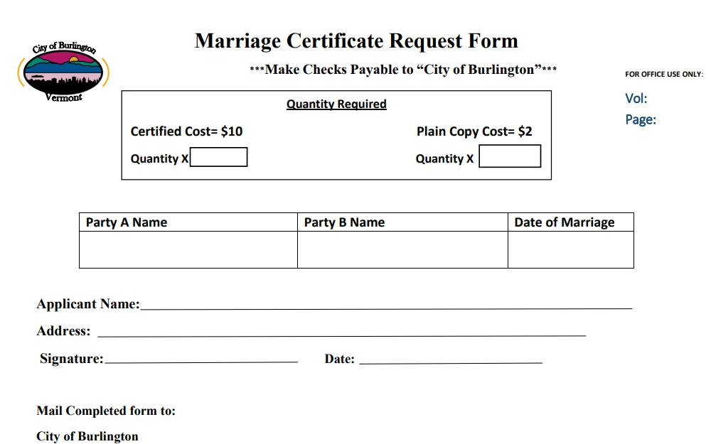 A screenshot of the 'Marriage Certificate Request Form' in the City of Burlington, where users must input the applicant name, address, signature, and date of request; the corresponding fee for the number of copies requested per type of document is also shown.