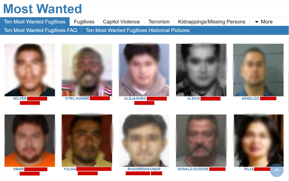 A screenshot showing the official list maintained on the Federal Bureau of Investigation website photo previews of the official FBI ten most wanted fugitives' historical pictures.