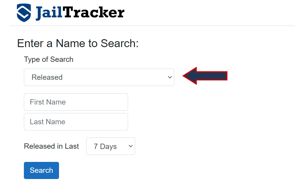 Screenshot of offender locator tool with fields for first and last names, release date range, and type of search, highlighting the word "released" with an arrow pointing towards it.