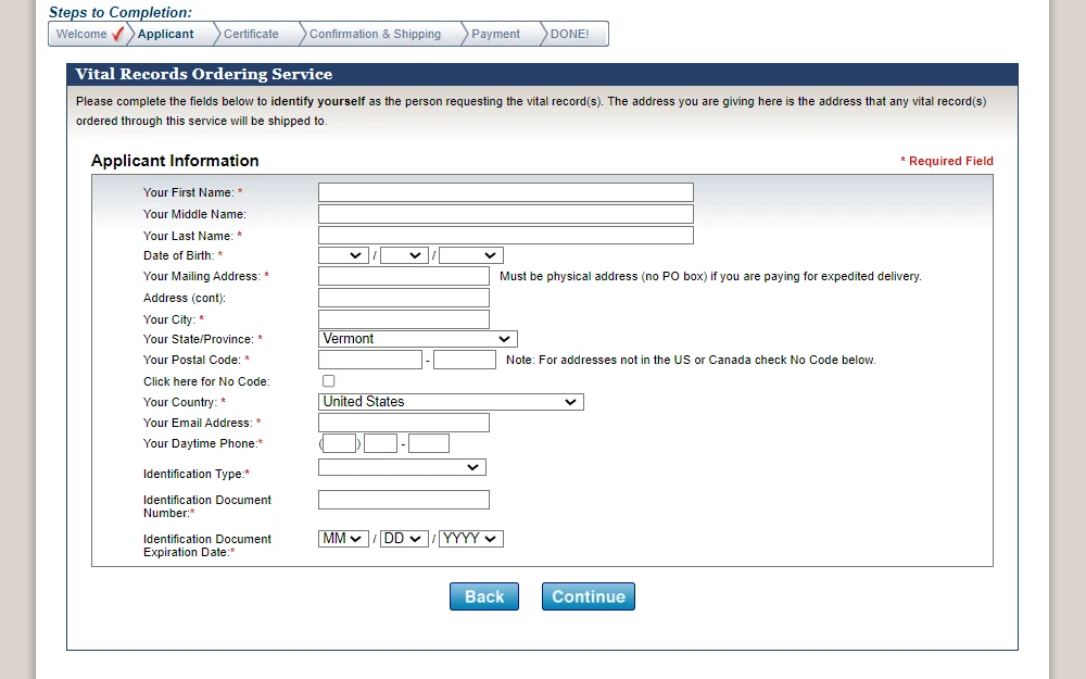 A screenshot of the Vermont Department of Health's 'Vital Records Ordering Service' page displays the applicant information required fields, denoted by an "*."