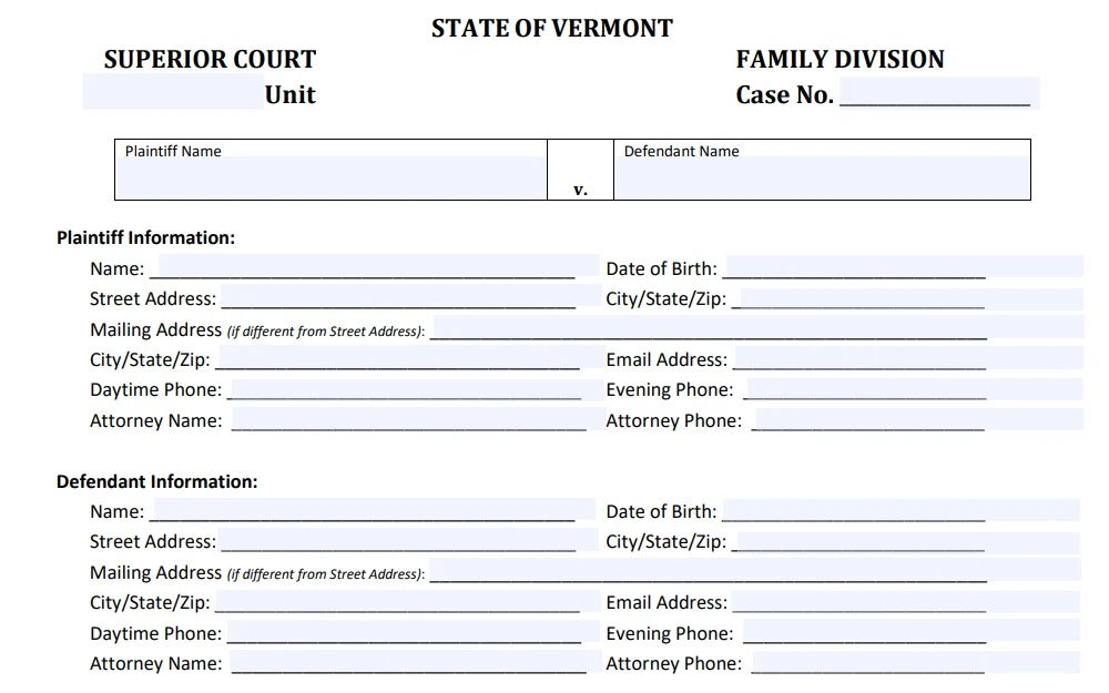 A screenshot of the "Vermont Divorce Complaint Form Without Children" requires providing case no., superior court unit and the necessary information under plaintiff and defendant information. 