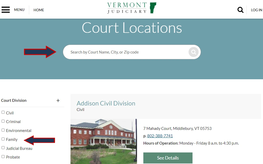 A screenshot of the Vermont Judiciary website displays a page where users can search for court locations by name, city, or zip code, and select the court division.