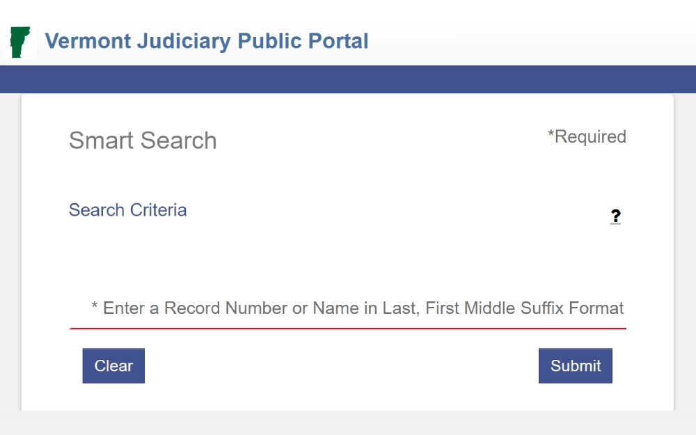 A screenshot of a search public portal with the search criteria of entering a record number or last, first, middle name, and suffix format from the Vermont Judiciary Public Portal website.