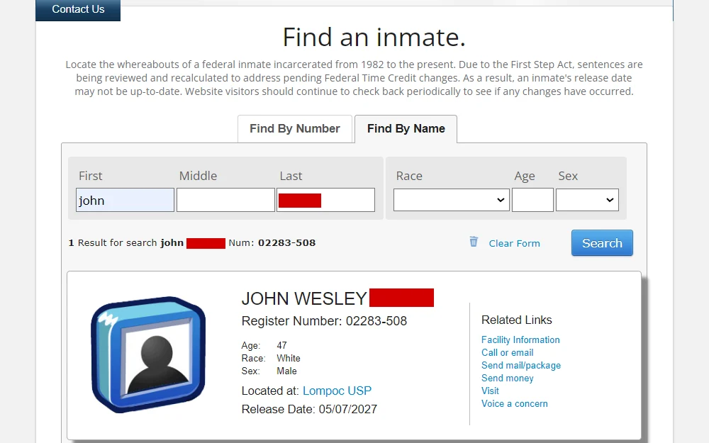 A screenshot of an inmate's record in the Federal Bureau of Prisons finds an inmate search tool showing the name, age, race, sex, current facility, release date, register number, and related links in the right column.