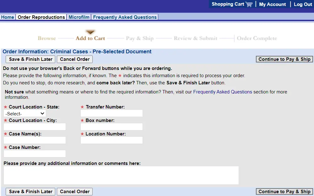 Screenshot of an order form for criminal cases held by the National Archives and Records Administration, requiring the court location state and city, case name, case number, transfer number, box number, location number, and an optional field for additional information.