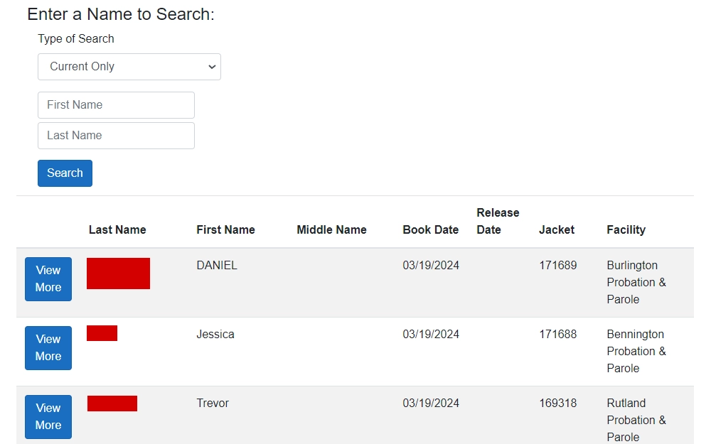 A screenshot of the inmate search tool provided by the state Department of Corrections displaying the search fields for first and last names and the list of the individuals that are recently booked, including the following: name, booking date, release date (if available), jacket number, and facility.