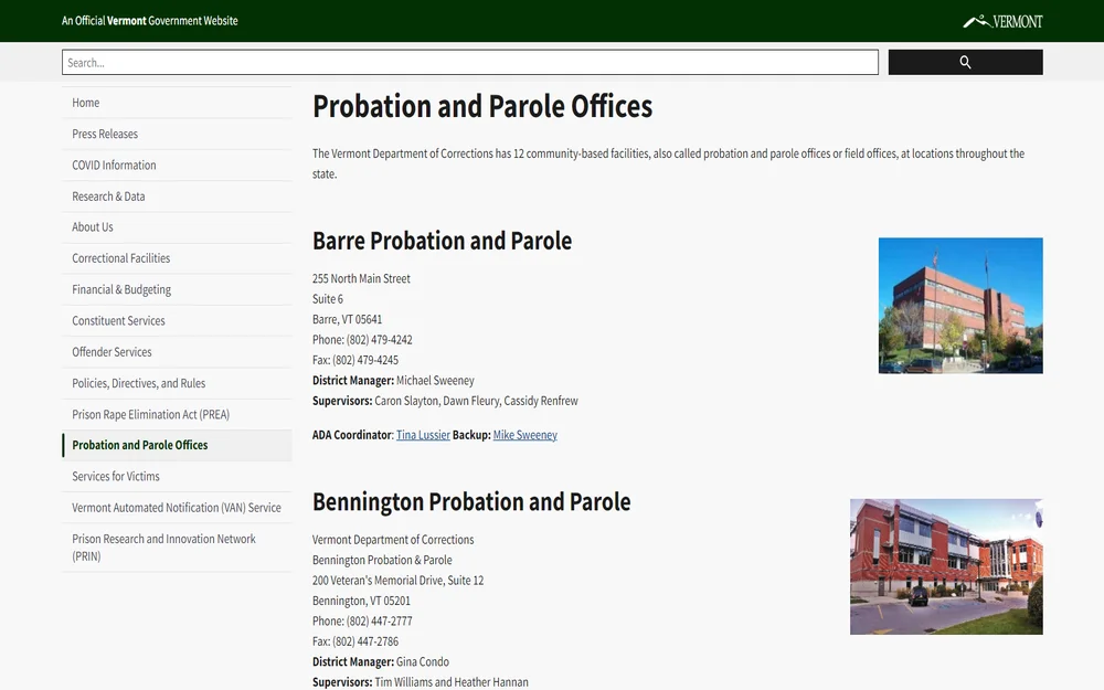 A screenshot from the Department of Corrections page displays the list of Probation and Parole Offices in Vermont, including Barre, Bennington, and Brattleboro Probation and Parole Offices, with their phone number and address.