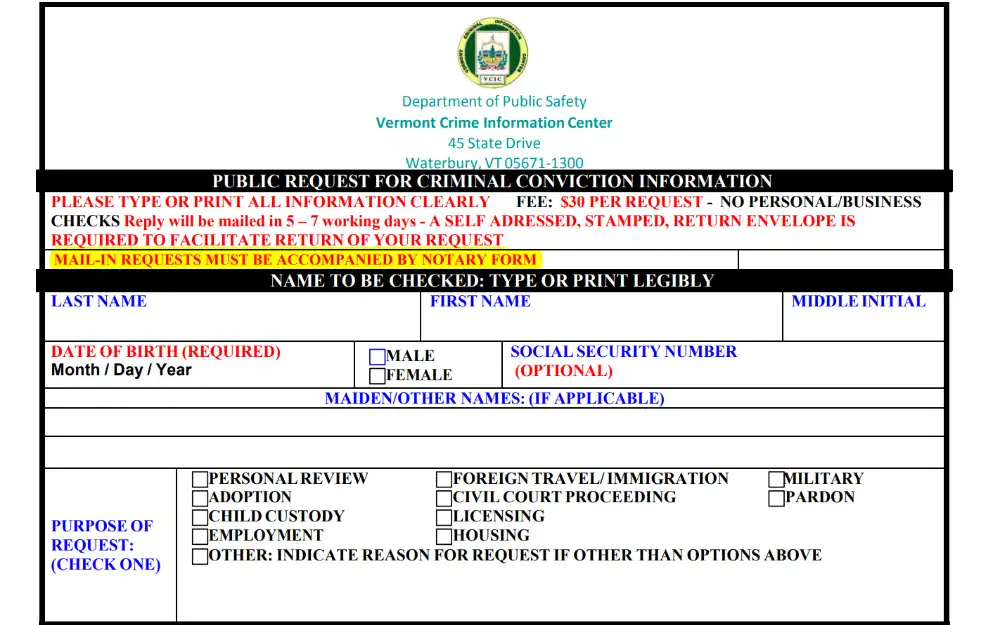 A screenshot of the public request for criminal conviction information form, with its required field such as the subject's full name, date of birth, sex, Social Security no. (optional), maiden/other name (if applicable) and the purpose of the request.