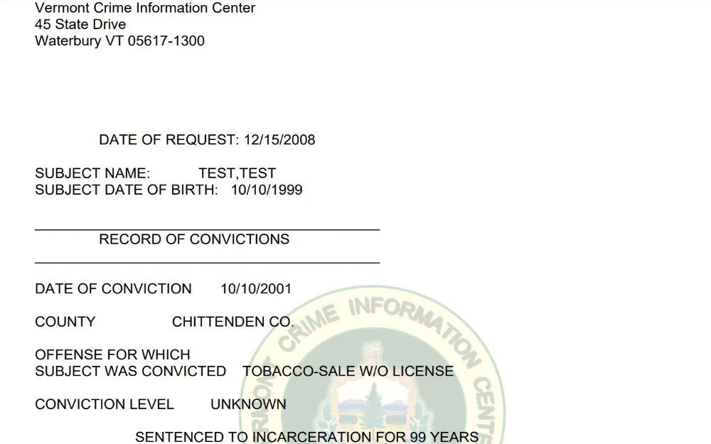 A screenshot of a criminal record from the Vermont Crime Information Center displaying the time, the name of the offender, their birthday, the conviction date, and the offense details with the Information Center logo.